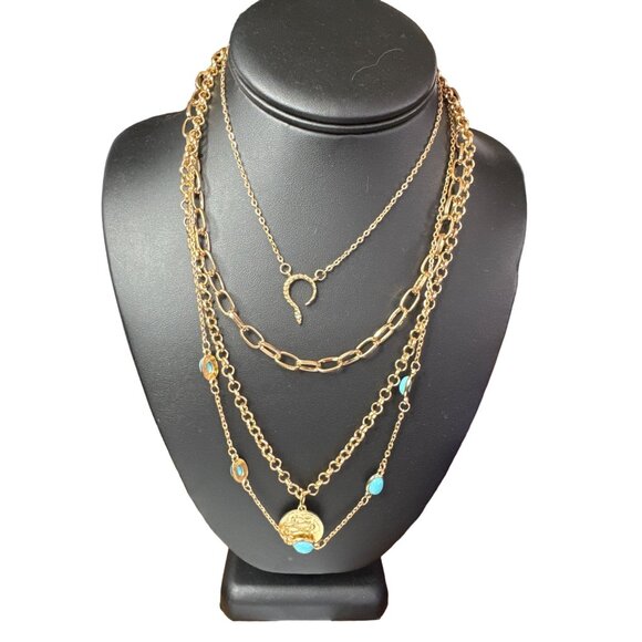 Multi Strand Gold Tone Snake Charm and Faux Turquoise Necklace - Picture 1 of 4